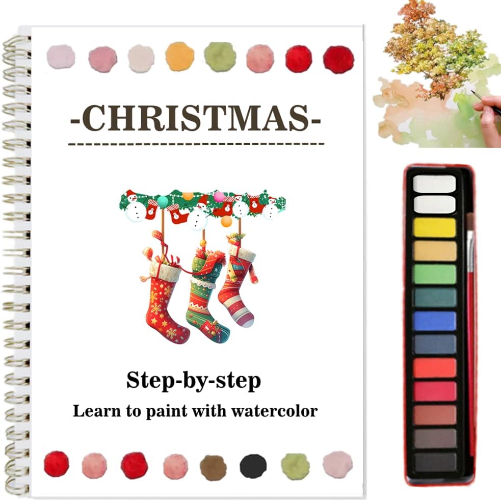 Watercolor Workbooks Coloring Book Easy Nature Scenes Beginner Friendly Watercolor Paint Set Art Crafts Painting Kit for Creative Exploration Gift for Adults (Christmas, with Palette)
