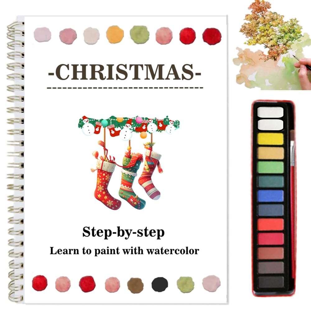 Watercolor Workbooks Coloring Book Easy Nature Scenes Beginner Friendly Watercolor Paint Set Art Crafts Painting Kit for Creative Exploration Gift for Adults (Christmas, with Palette)