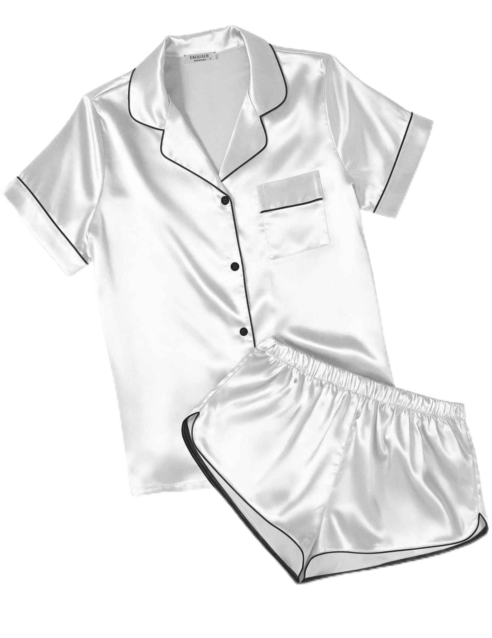 Ekouaer Womens Silk Satin Pajamas Short Sleeve PJS Shorts Set Soft Button Down Sleepwear 2 Piece Loungewear S-5XL