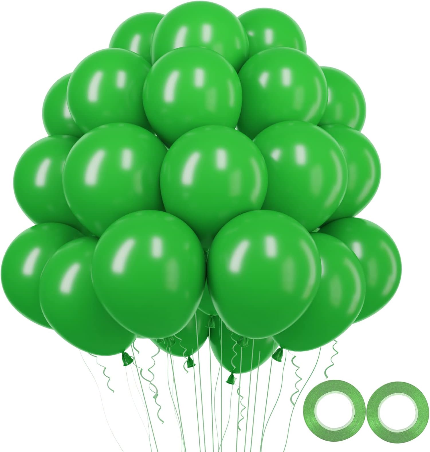 RUBFAC Latex Party Balloons, 100pcs 12 Inch Helium Balloons for Party Decoration - Green, Like Birthday Party, Baby Shower, Gender Reveal, Anniversary, Jungle Party (with Green Ribbon)
