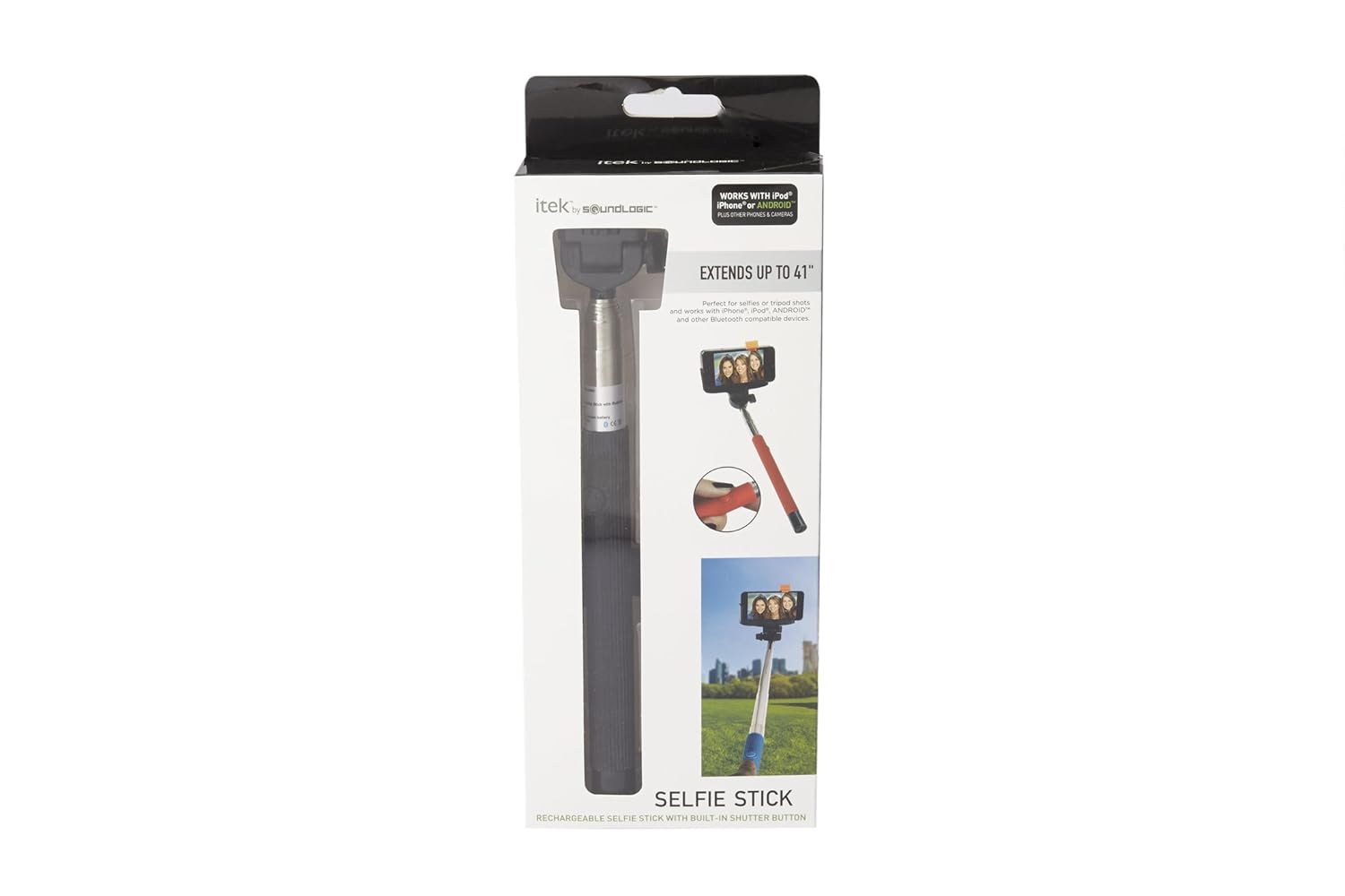 Retail packaging of the I-Tek Selfie Stick, showing product features and images.