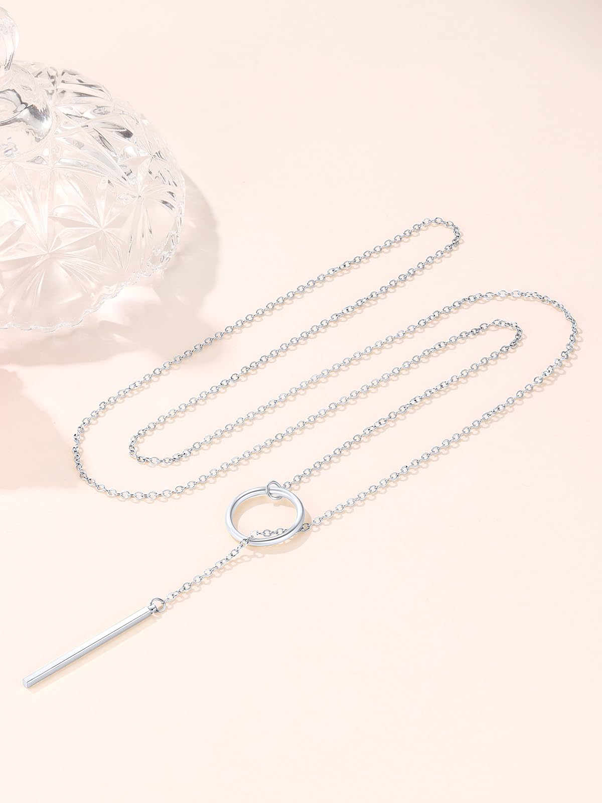FOCALOOK Donna Collana Y Lunga Regolabile Pendente Bar Cerchio Piccolo Delicato Semplice Chic Gioiello alla Moda Catena Rolo Sottile Placcato Platino/Oro Argento/Nero/Oro - Incisione Gratuita