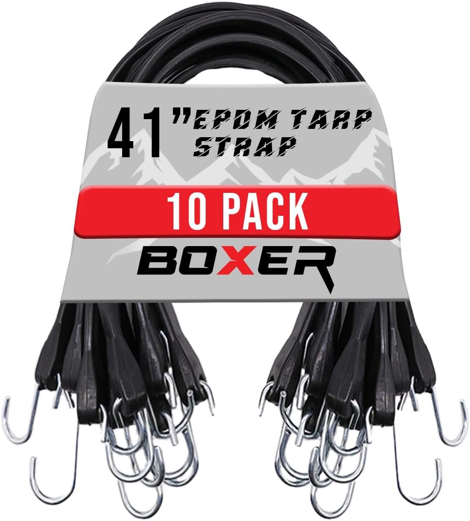 Boxer 41" - 10 Pack Rubber Bungee Cords Heavy Duty Outdoor with 73" Max Stretch 176lbs Load - 100% EPDM Weather Proof Bungee Straps with Crimped S Hook - Truck, Tarps, Motorcycle, RV