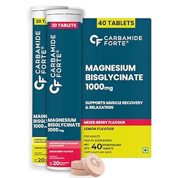 Carbamide Forte Magnesium Supplements Bisglycinate Effervescent Tablets 1000mg | Magnesium Glycinate Tablets | Supports Sleep, Muscle Cramp & Nerve Function - 2 X 20 Tablet - Lemon & Mixed Berry Flavour - image, photos