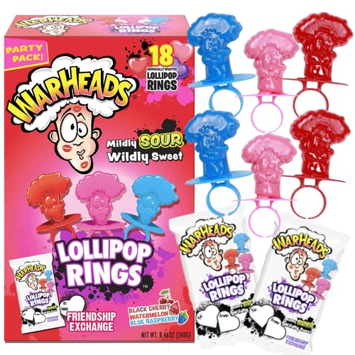 Valentines Day Classroom Exchange Kit, Warheads Sour Lollipop Rings, 18 Pieces, 7.61 Ounces