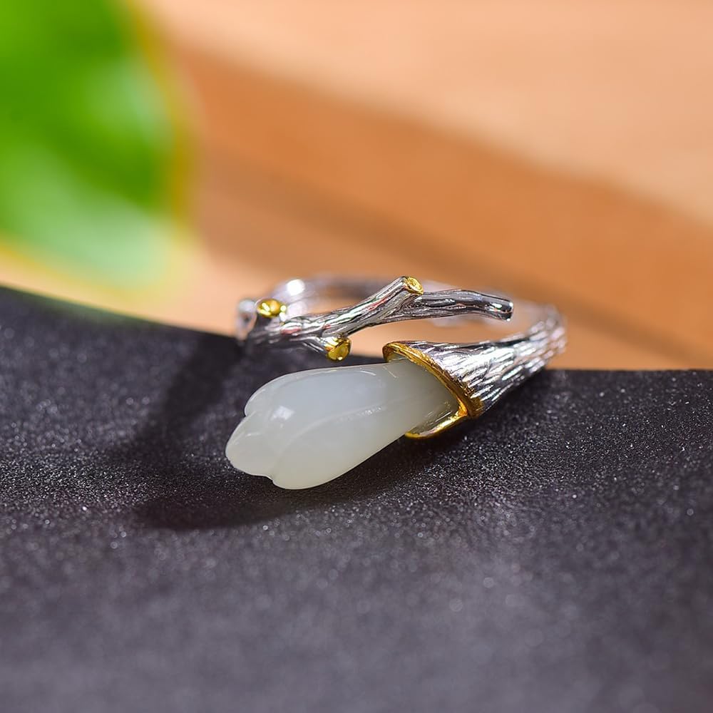 S925 Silver-Inlaid Natural White Jade Orchid Ring with Adjustable Opening and Including Certificate