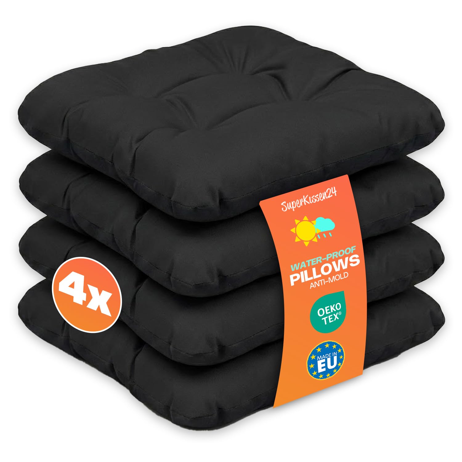 SuperKissen24. Set de 4 Cojines de Asiento - Cojín de Silla 45x45 cm para Interior y Exterior Cómodo e Impermeable para Muebles de Jardin, Terraza, para Suelo - Negro