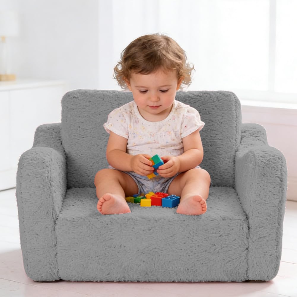 Canapé pour enfant pliable 2 en 1 pour enfants à partir de 1 an et canapé pour enfants avec housse amovible – Coin douillet pour chambre d'enfant, doux et sûr pour filles et garçons (gris)