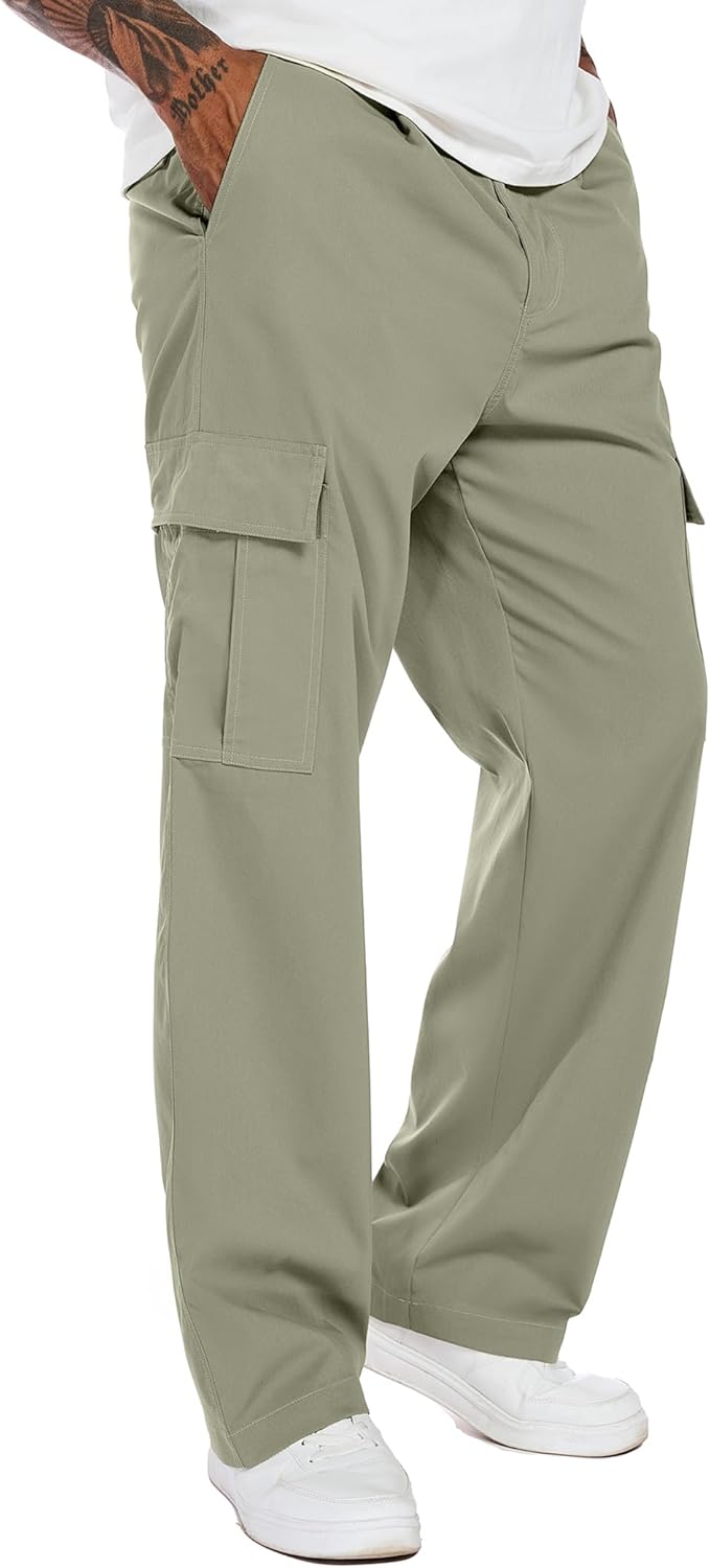 PEGENO Mens Cargo Pants Elastic Waist Drawstring Twill Hiking Pants with Multiple Pockets