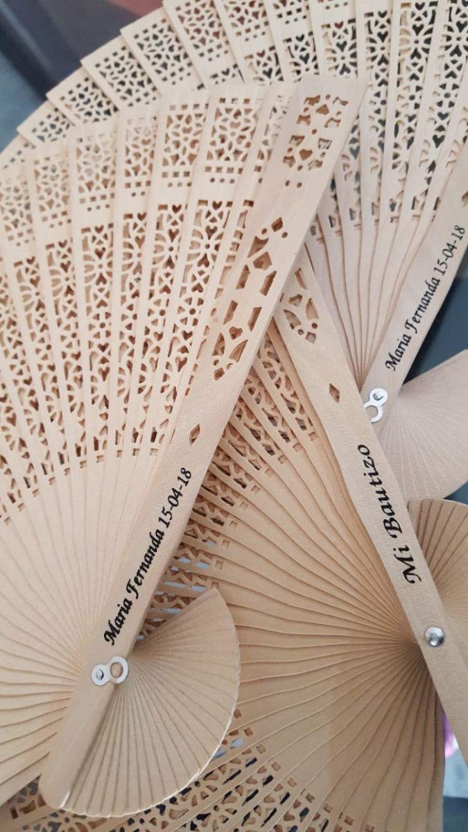Lote de 50 Abanicos Madera Natural PERSONALIZADOS en la varilla lateral - Ideal para Bodas, Eventos. Abanicos de Madera 100% Natural Kraft Sándalo.