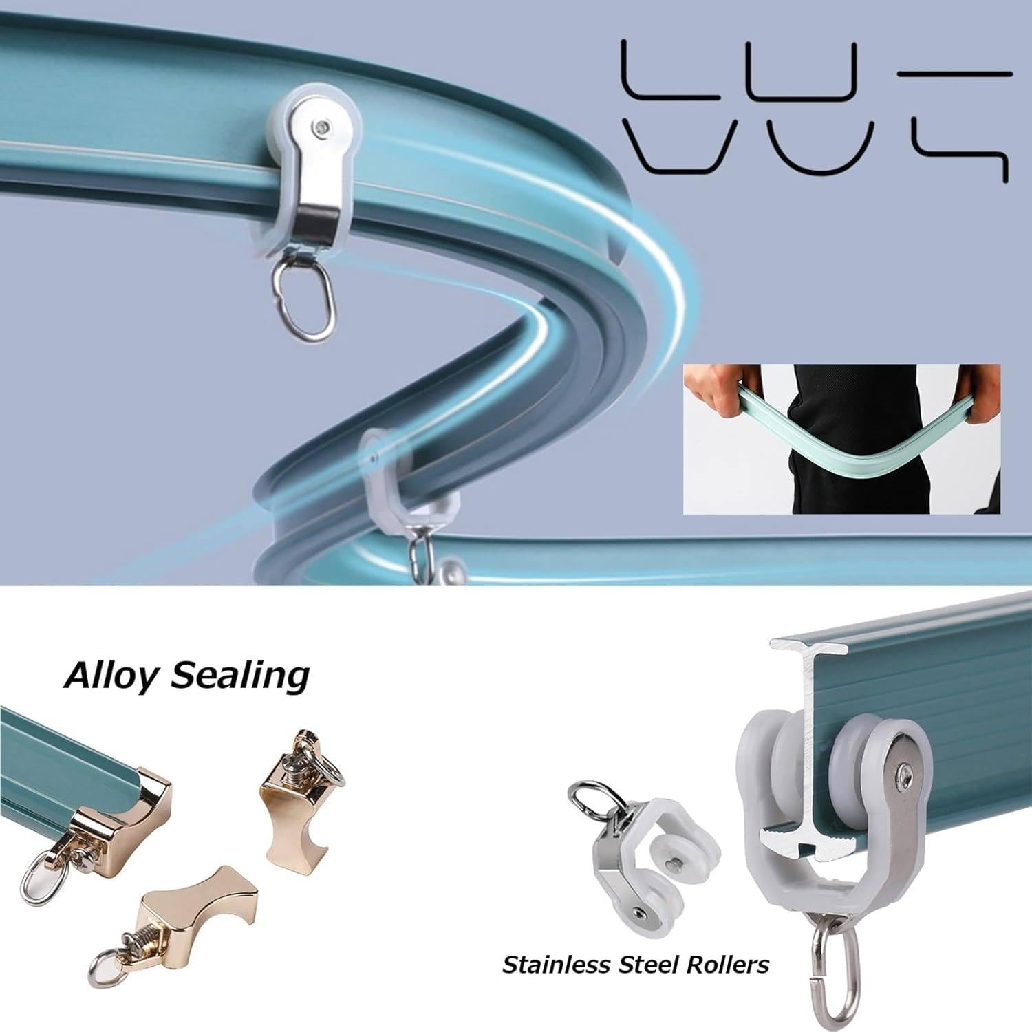 Piste de rideau en alliage en aluminium flexible, Crochets de fixation montée sur le plafond de rail du coureur, rideaux de douche Diviseur de pièce avec accessoires de montage d'instructions incluent
