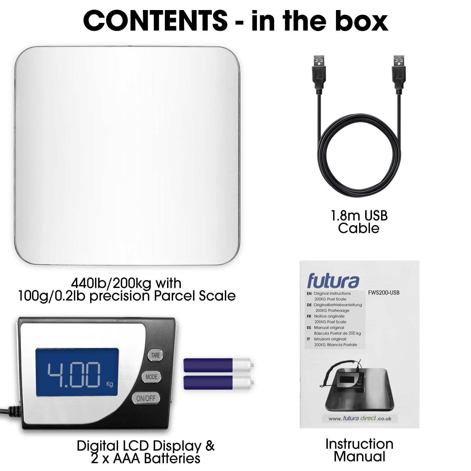 Futura - Bilancia digitale per pacchi da spedire, resistente, bilance postali elettriche, pesa fino a 100 kg con precisione di 100 g