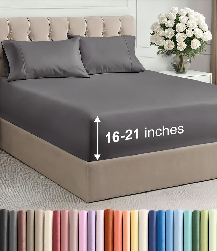 Image of Extra Deep Pocket King Size Sheet Set - 4 Piece Breathable & Cooling Bed Sheets - Hotel Luxury Bedding with 16 to 21 inch Extra Deep Pockets - Soft, Fade and Wrinkle Resistant - Oeko-Tex - Dark Grey