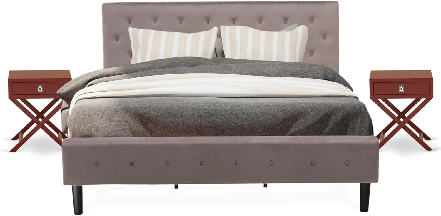 East West Furniture NL14K-2HA13 3 Piece Modern Bedroom Set - King Size Button Tufted Bed Frame - Brown Taupe Velvet Fabric Upholstered Headboard and a Burgundy Finish Nightstand