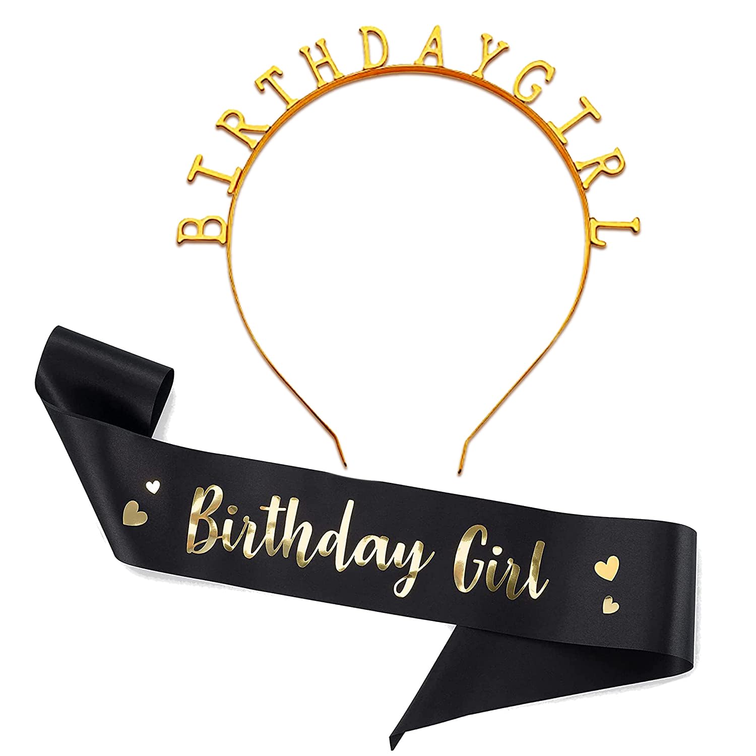 Propsicle Black Birthday Girl Sash & Golden Crown Tiara Party Decoration Gift Head Band & Sash Combo - Pack of 2