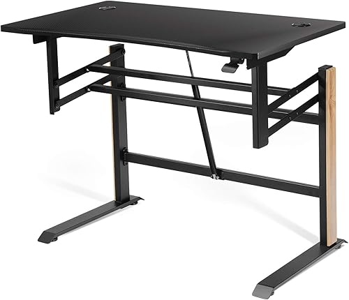 Miniatura 9 de Tangkula Escritorio neumático para juegos de altura ajustable, mesa de juego de pie estilo carreras con bandeja de regleta de alimentación,