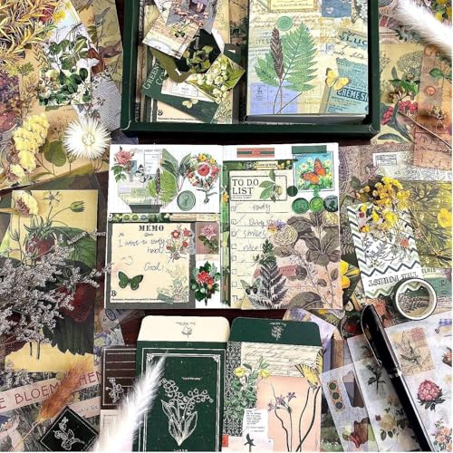 Image of 346Pcs Paper Vintage Aesthetic Scrapbook Kit Scrapbooking Supplies Kit With Bullet Junk Journal, Stationery, Washi Stickers A6 Grid Notebook Journaling Gift For Girl (Green Botanical)