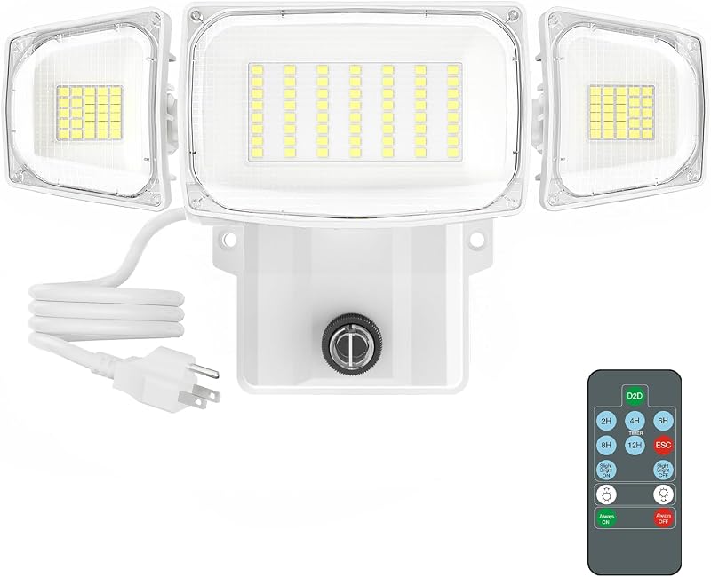 Olafus Luces de inundación enchufables de 80 W, iluminación exterior de atardecer a amanecer, luz de seguridad LED exterior de 8000 lm con control remoto, IP65 impermeable, 6500 K, 3 cabezales ajustables, luz de fotocélula para patio, garaje, blanco