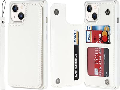Cavor for iPhone 14 Case with Card Holder,Wallet Case with Credit Card Holders for iPhone14 Phone Case,PU Leather Card Slots Case[Kickstand][Wrist Strap] Shockproof Cover for Women Men- White