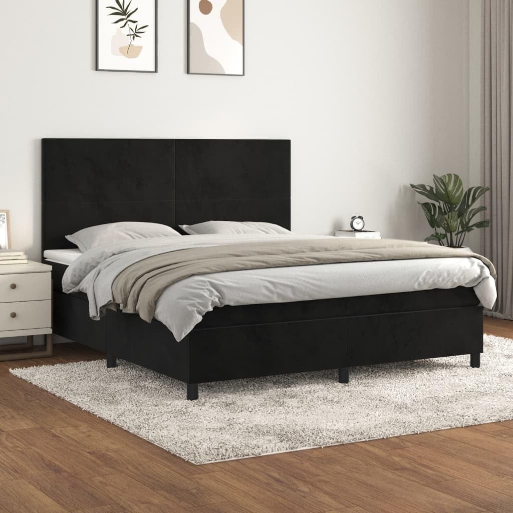 Aksamitny z regulowanym zagłówkiem Łóżko kontynentalne Czarny 180x200 cm | Łóżko kontynentalne z materacem 180x200 cm, czarne, aksamitne, z regulowanym zagłówkiem, sprężyny kieszeniowe, średnio