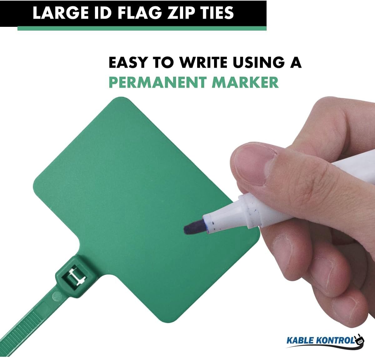 Kable Kontrol Cable Marker Zip Ties, 9 Inch 1000 Pcs Large ID Flag Label Straps, Self-Locking Write on Tags for Ethernet, Power, and Cord Labeling - Green