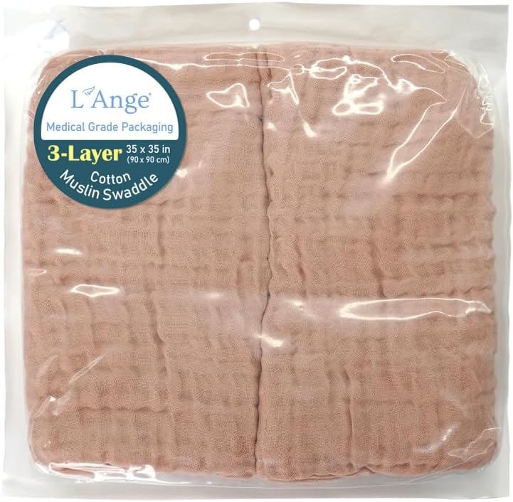 L'Ange Baby Muslin Swaddle Blanket - 3 Layer Breathable Cotton Receiving Blankets - Medical Grade Packaging for Newborn and Infant - 2 Pack - 35x35 - Khaki