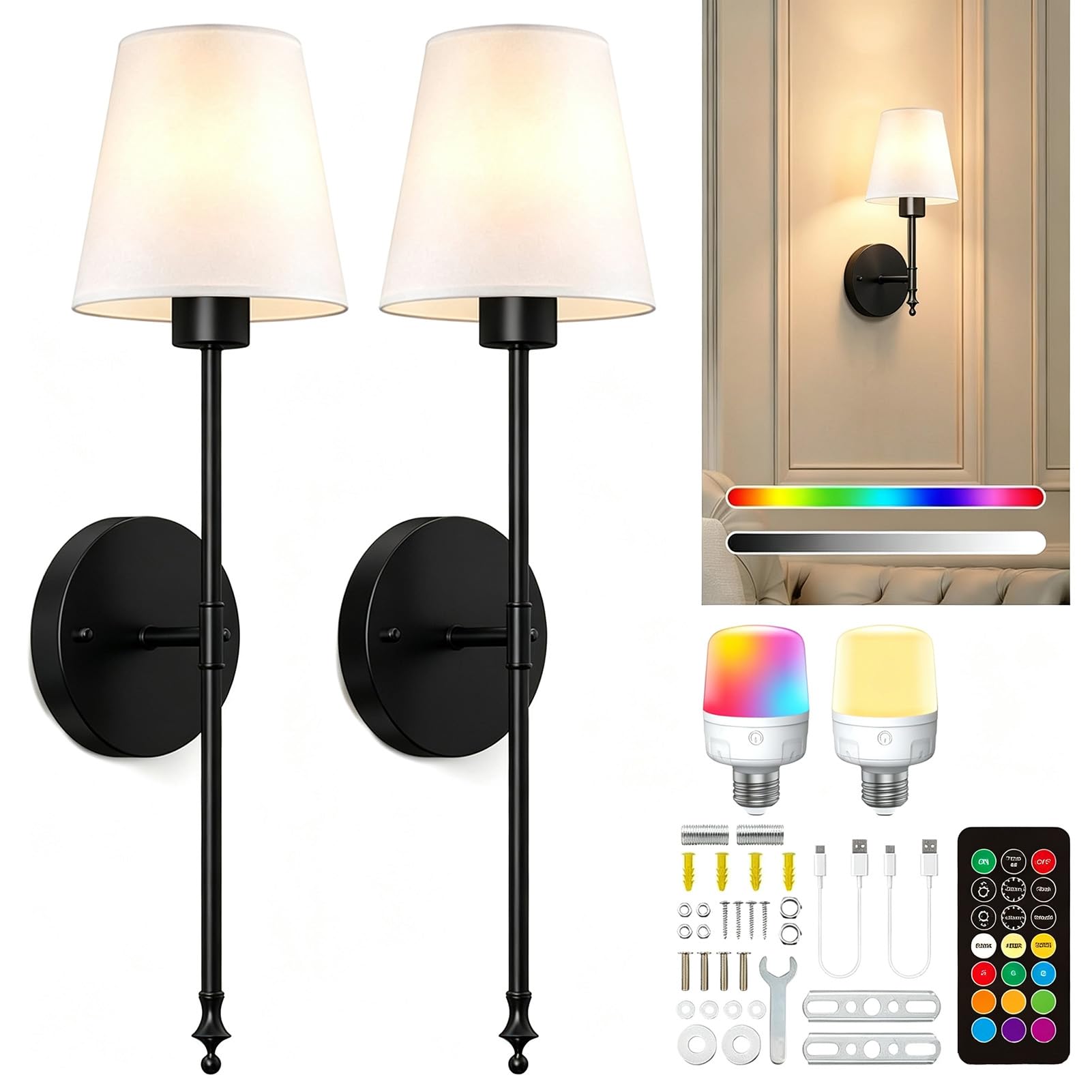Battery Operated Wall Lights Set of 2 - Rechargeable Wall Sconces Black