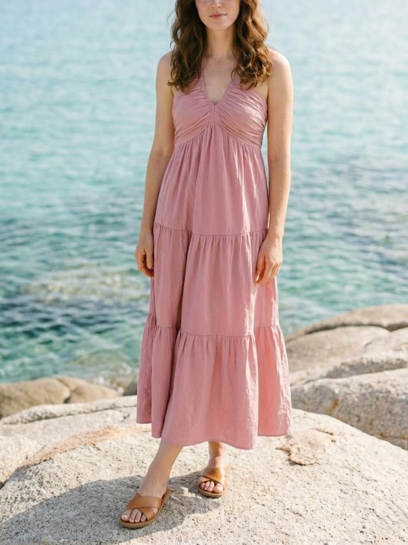 Women's Casual Halter Tiered Vacation Maxi Dress with Pockets