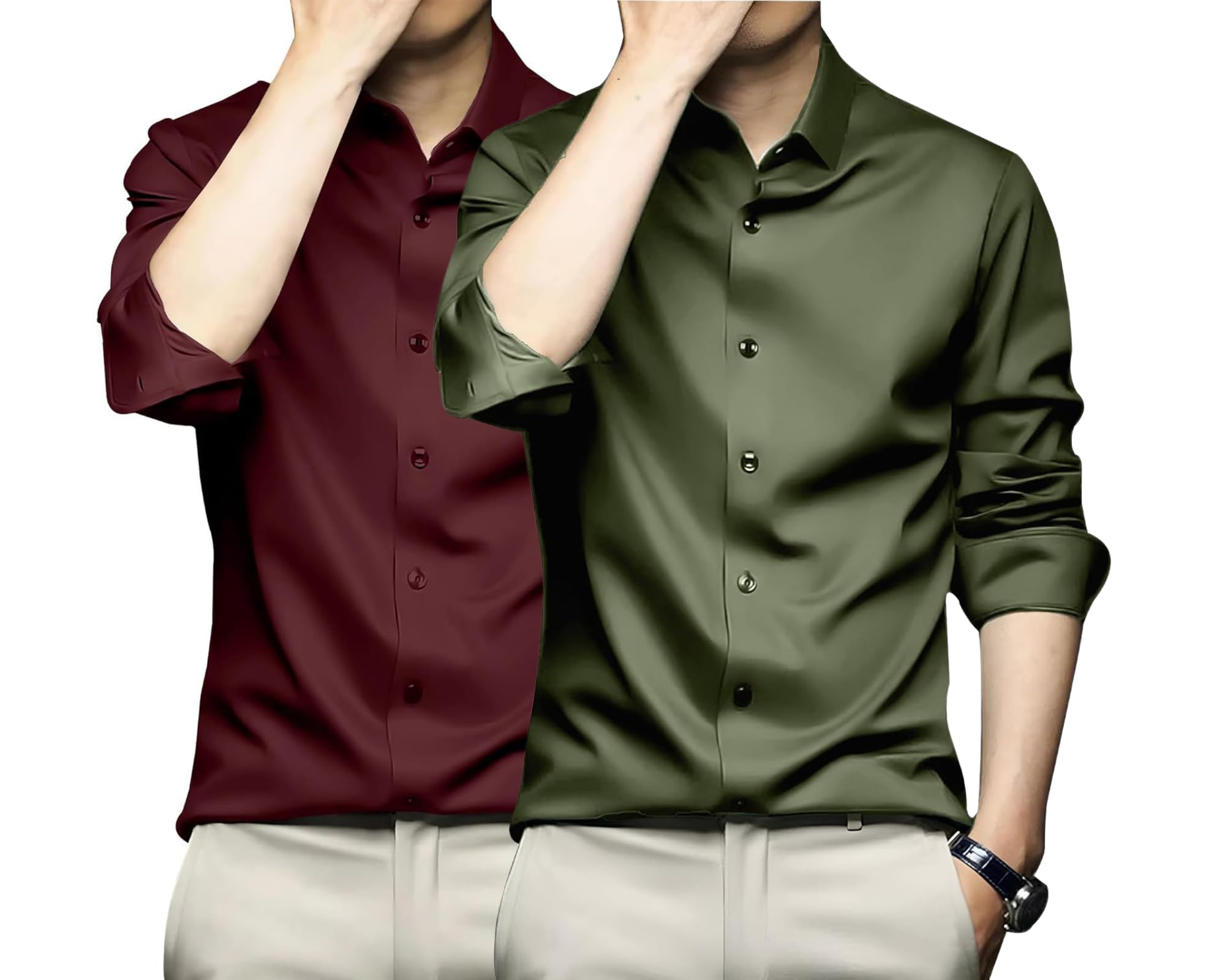 Combo of Men's Stylish Solid Satin Casual Shirt for Men Full Sleeves| Poly Satin Silk Shirt Pack of 2-image-48