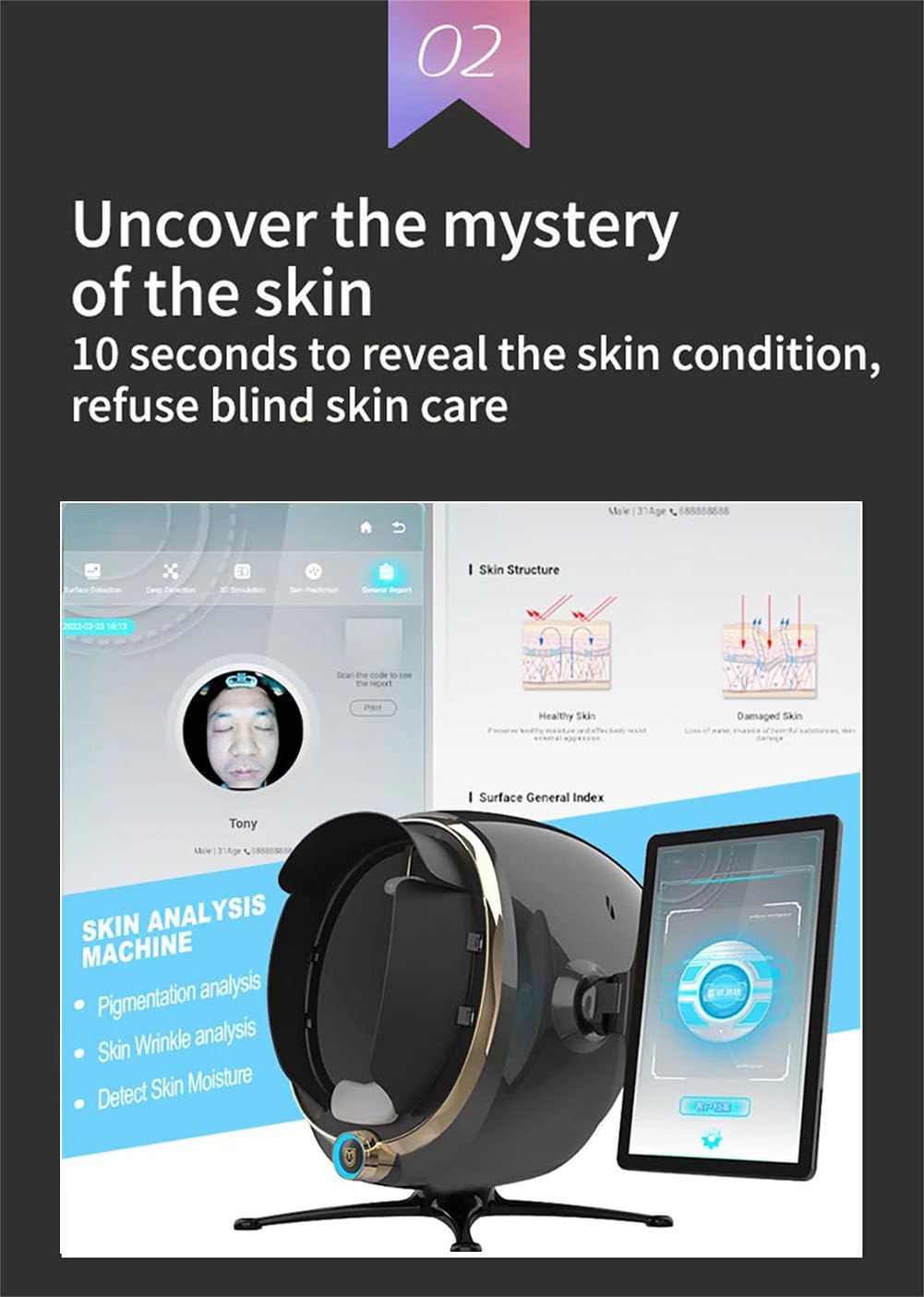 Skin Analyzer Viso 13,3" Display Multiangolo 8 Luci Diagnostiche 3 Modalità Report PDF Stampabile HD per Studi Estetici