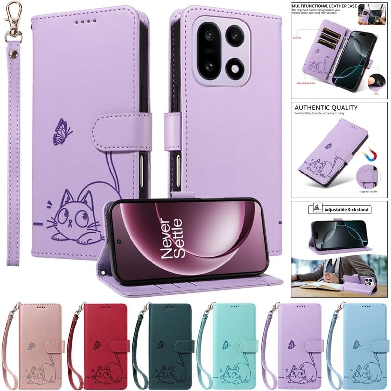 Étui portefeuille OnePlus 12 5G rouge motif chat idée cadeau - 5