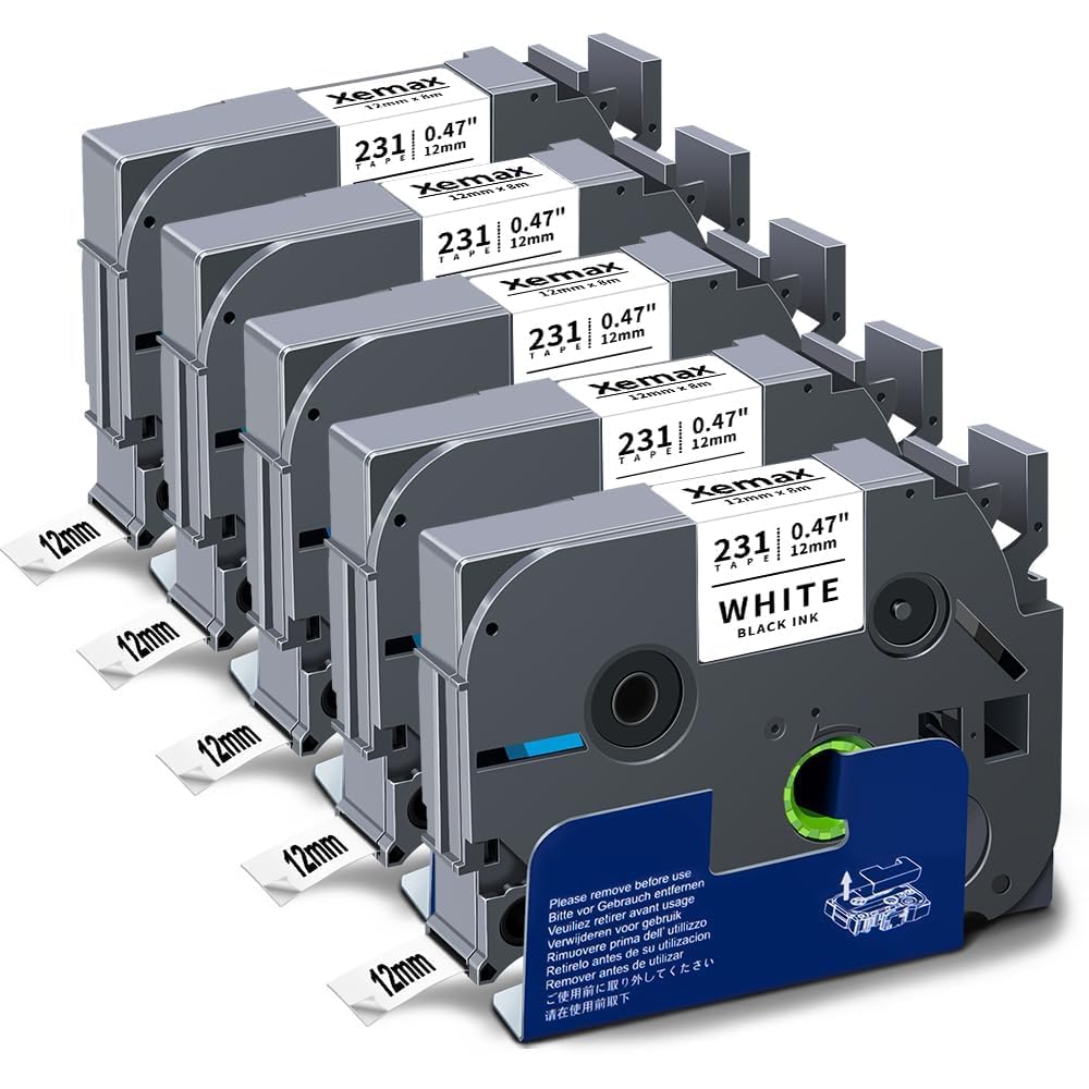 5x XemaX Nastro per Etichette Compatibile con Brother P-touch TZe-231 Nero su Bianco Brother 12 mm 0,47" Nastri per Etichettatrice Brother PT-H105 H100LB 1010 1000 P300BT H100R D400 E100 H110