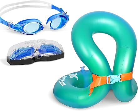 Inflatable Swim Vest & Swim Goggles for Kids,Pool Floaties with Anti-Fog Anti-UV Wide View Goggles for Children 6-14 yrs
