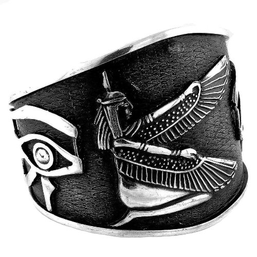 KemetArt Egyptian Jewelry Silver Winged Isis and Eye of Horus Bangle