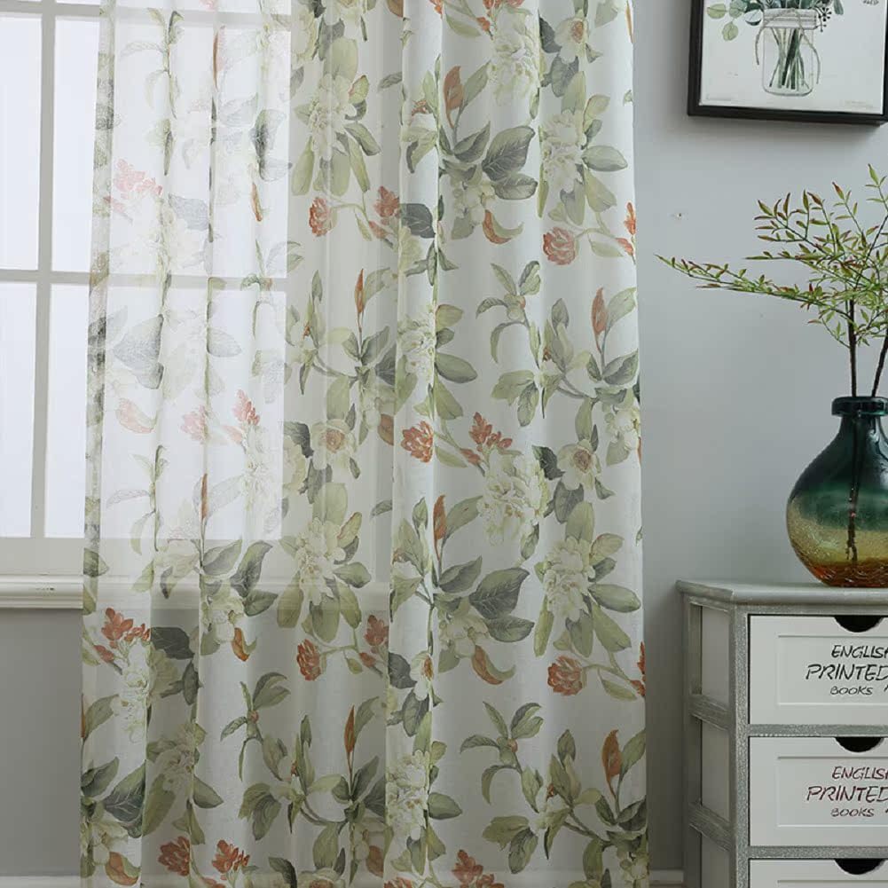 Finished American Printed Cotton Sheer Curtains Voile Gauze Home Decor for Living Room Bedroom(2 Panels, W 54 x L 84 inch, White)