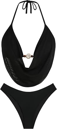 ZAFUL Womens Two Piece Bikini Sets Triangle Halter Swimsuit Deep V Cowl Neck Ruching Bathing Suits
