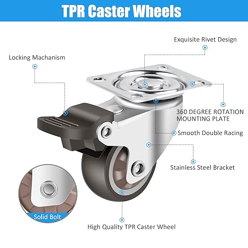Miniatura 6 de Nefish Ruedas giratorias de goma de 1.5 pulgadas con freno, rotación de 360 grados, ruedas giratorias para muebles, mesa y caja de herramientas,