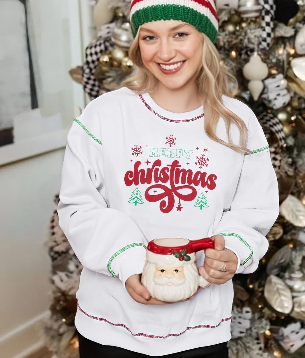 Christmas Sweatshirt Women Christmas Holiday Long Sleeve Shirts Merry And Bright Santa Xmas Crewneck Pullover Tops - Image 2