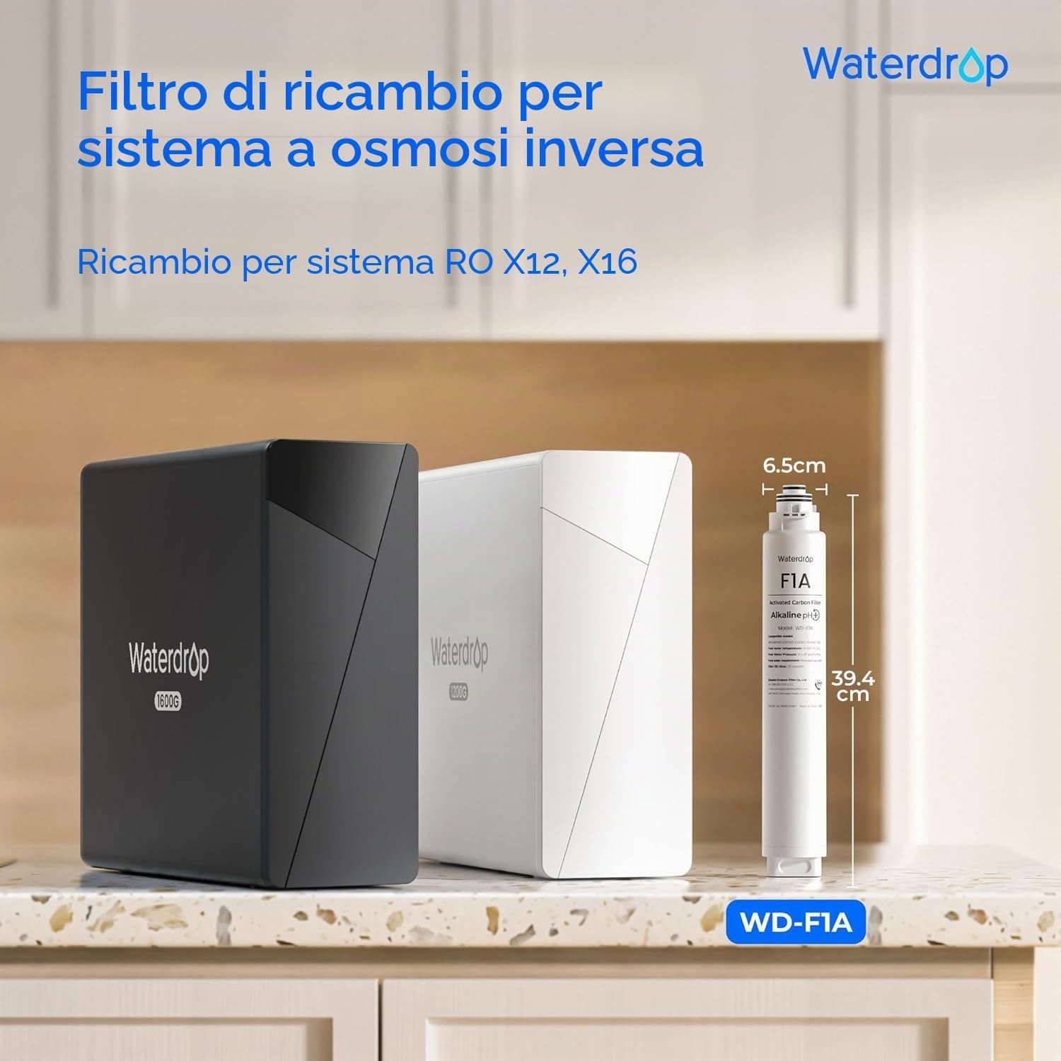 Waterdrop WD-F1A Filtro Minerale Alcalino pH+, Ricambio per il Sistema ad Osmosi Inversa WD-X12-Alcalino e WD-X16, 12 Mesi di Vita