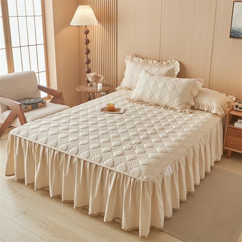 Plaid Quilted California King Size Ruffled Bedspread Set Washable Cotton Bed Coverlet and 2 Pillowcases, Champagne