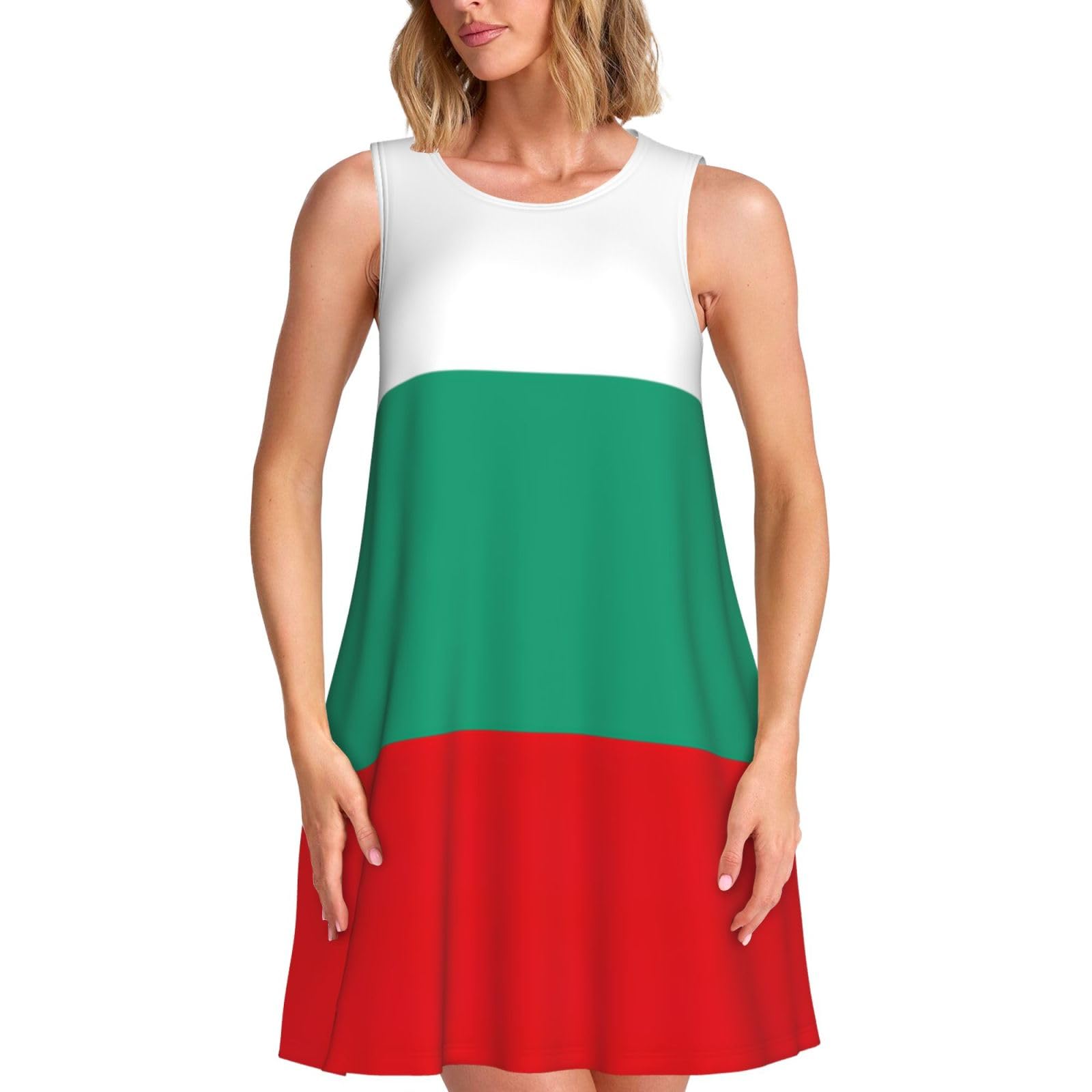 Yqxwjl Women's Black Bulgarian Flag Print Stylish Summer Dress For ,Sleeveless A-Line Sundress With Pockets, For Beach Vacation, M