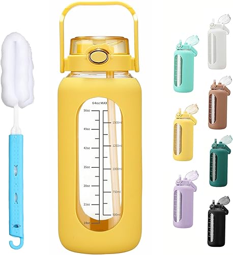 Miniatura 8 de chunmo Pernos de agua de vidrio de 64 onzas con pajilla, botella de agua motivacional grande de medio galón con marcador de tiempo, botellas de agua