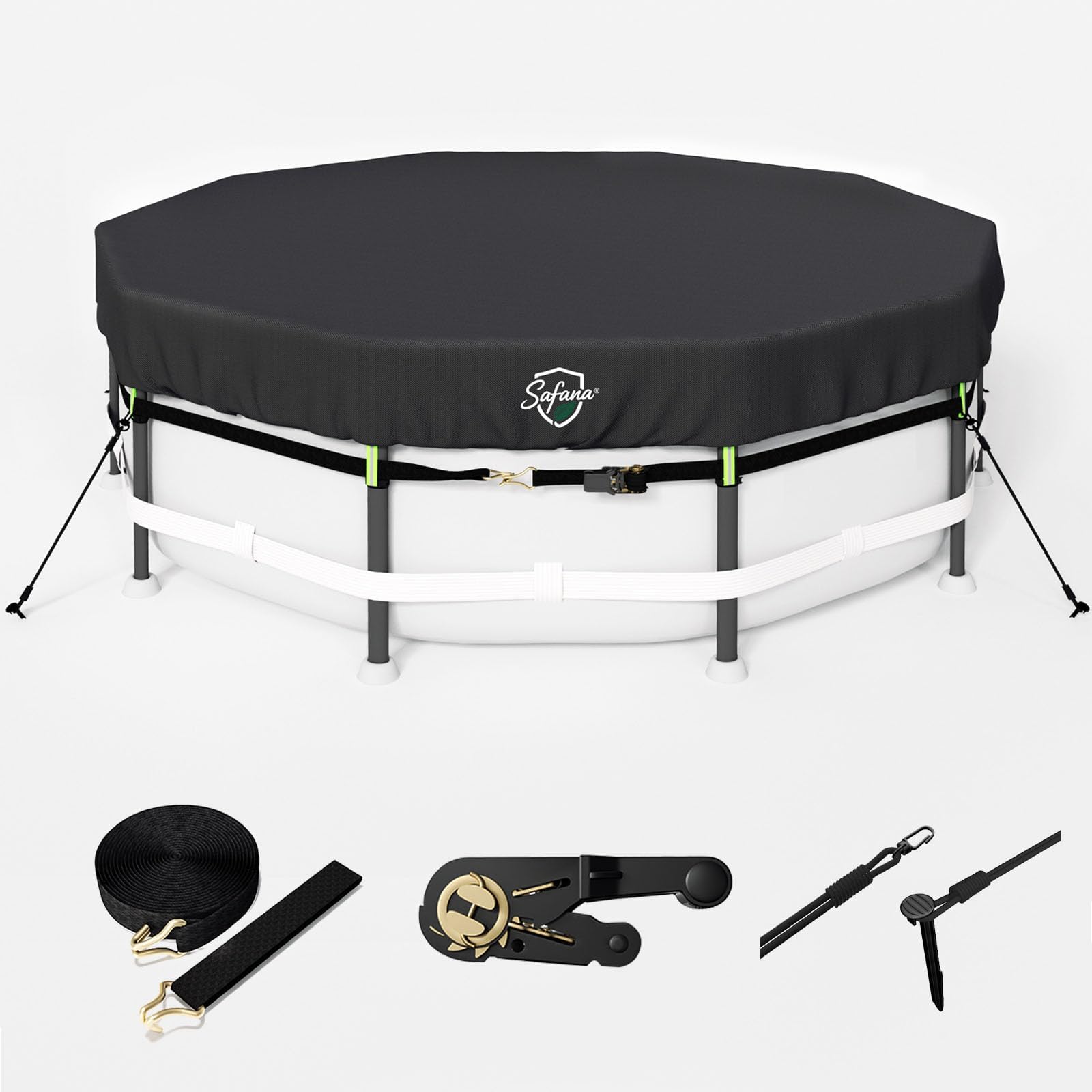 Safana 18FT Round Pool Cover [2026 Super Windproof Rachet Strap System] for 18' Framed Above Ground Pool, Upgrade Durable 500D 18 Foot Swimming Pool Cover Snug Fit, Blocks Leaves, UV Rrotection