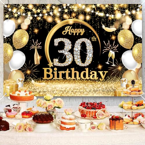 Fairymaiden 30 Ans Banderole Joyeux Anniversaire, 30 Décoration Fête en Noir Or Toile de Fond Bannière Joyeux Anniversaire pour "Happy Birthday" Banderole Or Noir Hommes Femmes (150x100 cm) – vue 3
