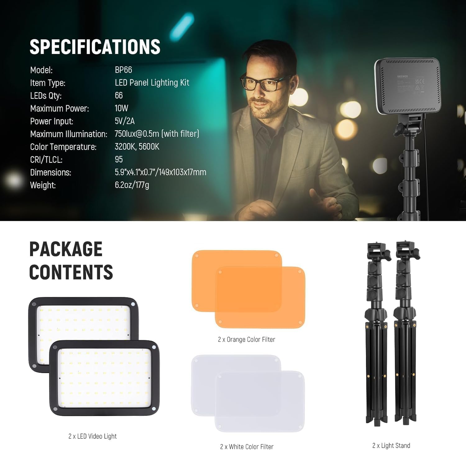 Diagram showing the contents of the NEEWER BP66 LED Video Panel Kit: two LED lights, two orange filters, two white filters, and two light stands.