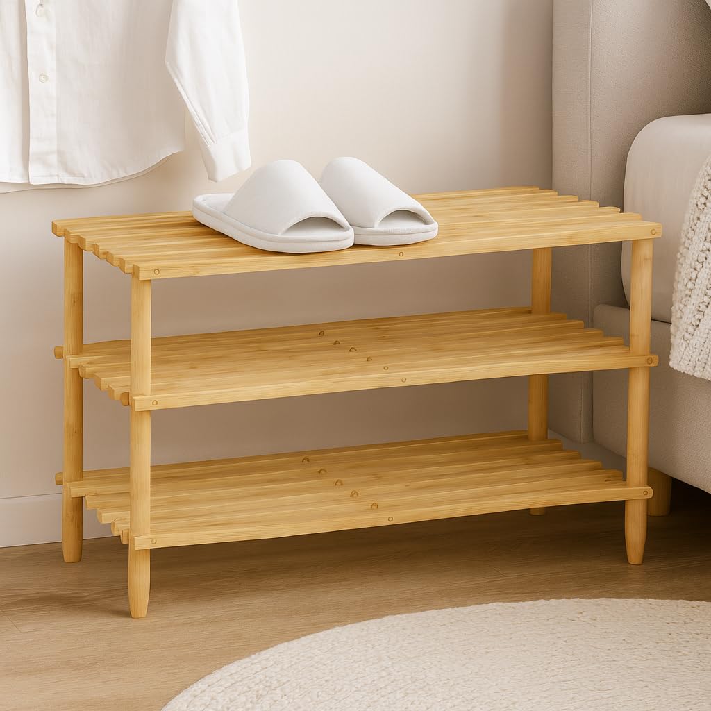 generico Scarpiera in Legno a 3 Ripiani, Panca Scarpiera – Scaffale Porta Scarpe Salvaspazio per Ingresso, Corridoio o Camera – Organizer da 26x63x48 cm, Design Legno Naturale Rustico Robusto