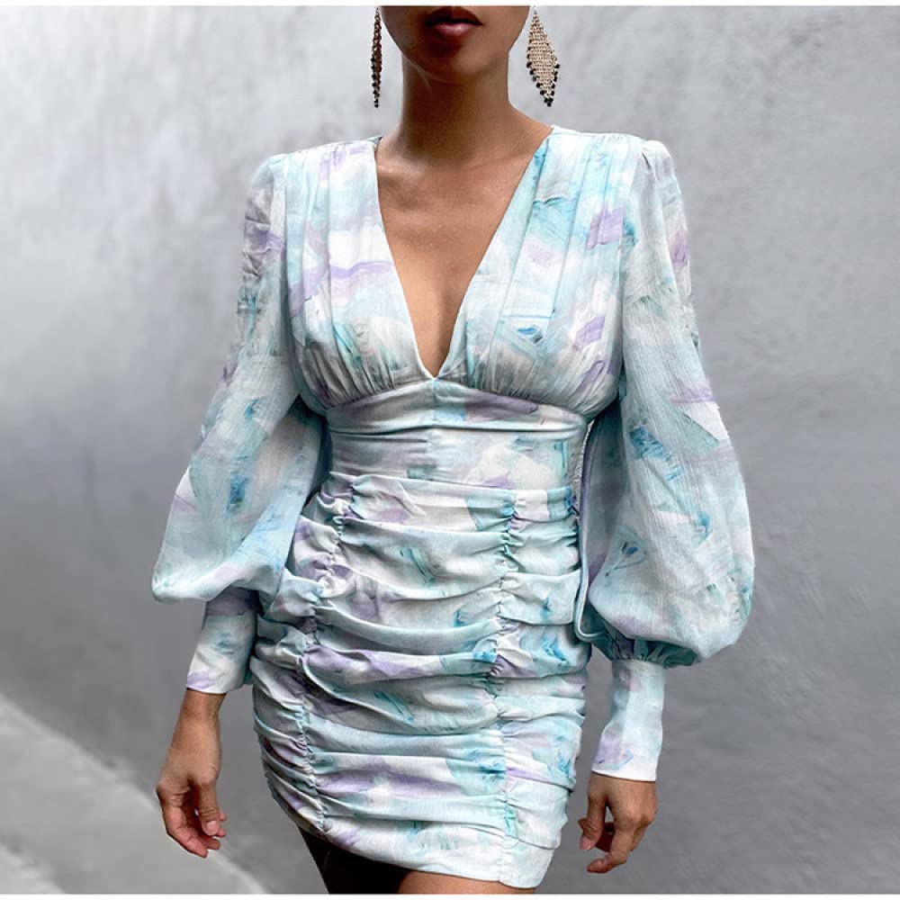 Adibosy Abito Estivo Donna Con Scollo A V, Maniche Lunghe A Sbuffo, Vita Alta Con Volant, Gonna Svasata, Colore Verde Chiaro, Taglia L