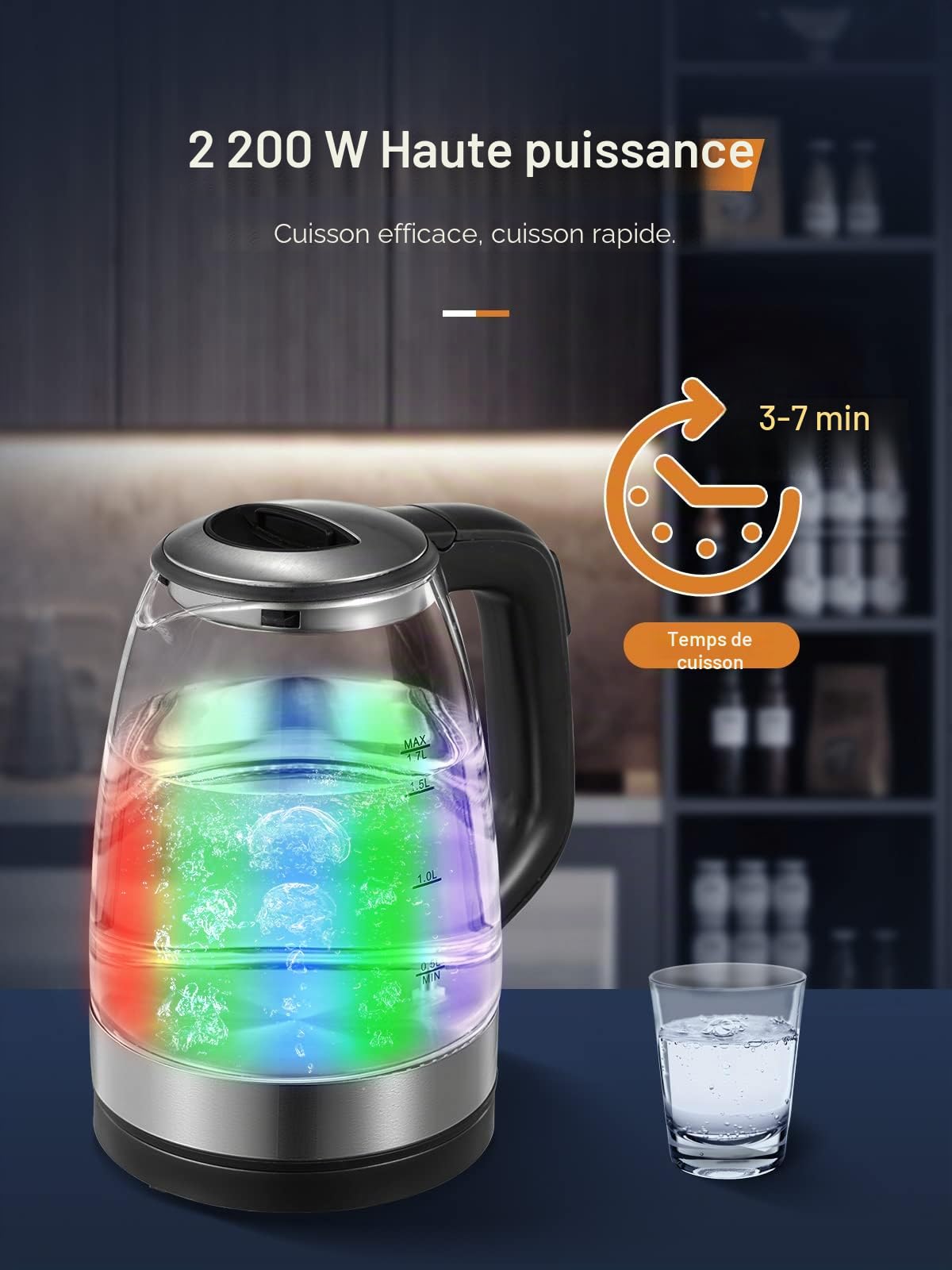 Bouilloire Électrique en Verre 1.7 L, FOHERE Thermostat Réglable 50-100°C, Fonction Maintien au Chaud, 5 Couleurs de LED, 2200W