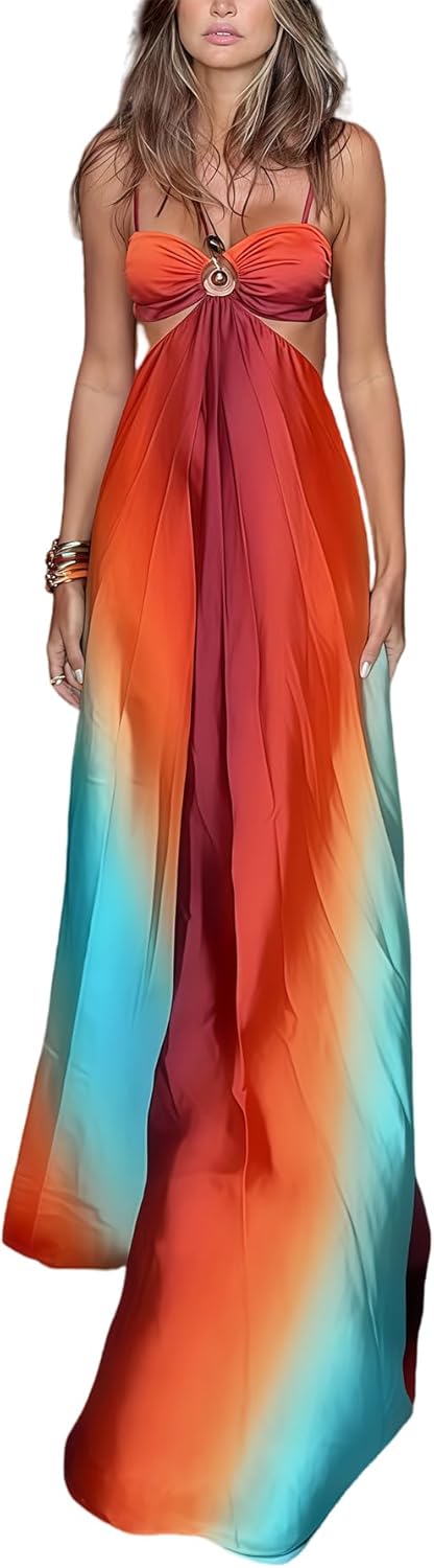 AIBEARTY Women's Sexy Tie Dye Off Shoulder Maxi Dress Gradient Cut Out Strapless Flowy Sundress Beach Long Dresses