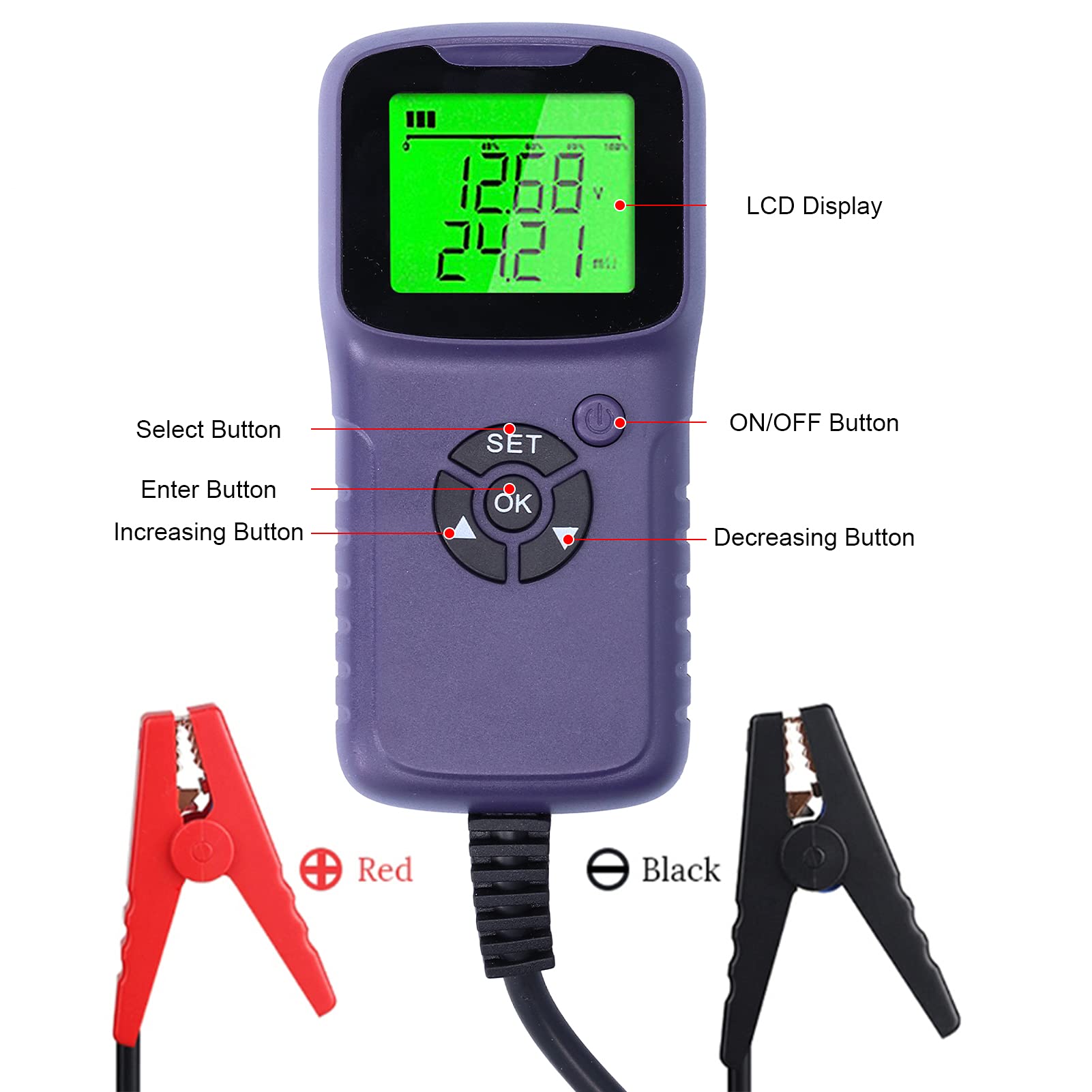 Probador digital de baterías de automóvil A300, analizador de baterías automotrices con pantalla LCD, prueba la resistencia y el voltaje CCA en baterías de 12 V de ciclo profundo (Púrpura)